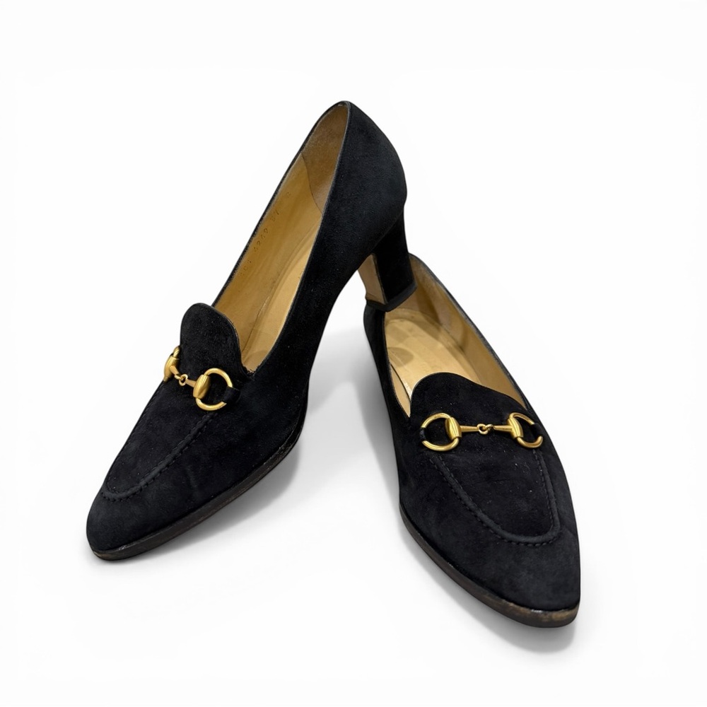 Gucci Horsebit Suede Pumps Black Gold Hardware Size 37